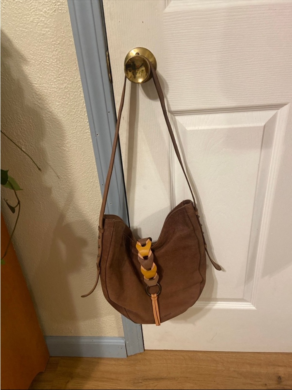 Lucky Brand Brown Suede Shoulder Bag with Braided Accent